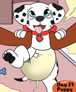 blue_eyes bodily_fluids carrying_baby collar diaper feral fur genital_fluids leaking_diaper leaking_urine male markings neonate paws solo spots spotted_body spotted_fur text tongue tongue_out toony unclean_diaper urine used_diaper using_diaper wet_diaper wetting wetting_diaper white_body white_fur young young_feral yourfur paw_patrol marshall_(paw_patrol) canid canine canis dalmatian domestic_dog mammal hi_res