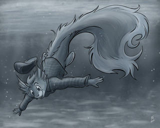 anthro bottomless buckteeth clothed clothing fur hair hat headgear headwear male solo split_form teeth underwater water flinters arcan_(character) aquatic mammal merfolk rodent sciurid tree_squirrel 2022 5:4 greyscale monochrome