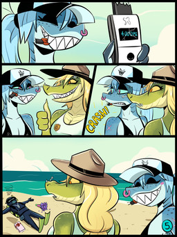 anthro beach big_breasts bite blonde_hair bottomwear breasts clothing duo eyebrow_piercing facial_piercing female flat_chested freckled_face freckled_shoulders freckles gesture gills green_body green_scales grin hair hand_gesture hat headgear headwear non-mammal_breasts nose_piercing nose_ring park_ranger piercing ponytail ring_piercing scales scar sharp_teeth small_breasts smile tail teeth thick_tail thick_thighs thumbs_up ventral_scales white_hair 49ersrule07 jawlene_(herny) crocodilian fish human mammal marine reptile scalie shark 3:4 absurd_res comic hi_res