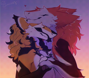 anthro blush cheek_tuft claws duo eyes_closed facial_tuft fingers fur hand_holding heart_symbol male male/male multicolored_body multicolored_fur nude sky smile snout tuft shiones sergal 2026 colored digital_drawing_(artwork) digital_media_(artwork) half-length_portrait portrait shaded