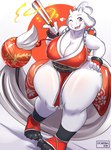 2019 5_fingers anthro big_breasts blush boss_monster_(undertale) bovid breasts caprine cleavage clothed clothing cosplay crossover crossover_cosplay curvy_figure fatal_fury female fingers folding_fan fur heart_symbol hi_res holding_object huge_breasts looking_at_viewer mai_shiranui mammal nipple_outline ocaritna one_eye_closed purple_eyes snk solo thick_thighs toriel undertale undertale_(series) voluptuous white_body white_fur wide_hips wink