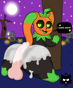 after_sex anthro bodily_fluids butt cum dead_tree disembodied_penis female feral food fruit genital_fluids genitals glowing glowing_eyes glowing_genitalia grass holidays humanoid_genitalia humanoid_penis male night nude penis plant pumpkin tail tombstone tree paladyart98 halloween pumkat domestic_cat felid feline felis mammal absurd_res hi_res