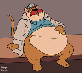 anthro aviator_goggles belly big_belly brown_body clothing eyes_closed eyewear facial_hair glasses jacket male mustache navel overweight overweight_male solo tail topwear gigizadragon chip_'n_dale_rescue_rangers disney monterey_jack_(cdrr) mammal mouse murid murine rodent 2026