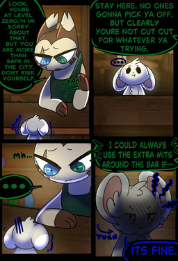 apron apron_only bar blind_eye clothing detailed_background dialogue eye_scar facial_scar male male/male scar scared tavern halfpricesouls nintendo pokemon cappucinno_(halfpricesouls) cin_(halfpricesouls) furret generation_2_pokemon generation_5_pokemon minccino pokemon_(species) absurd_res comic hi_res multiple_images