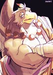 1boshi 2021 anthro avian back_wings beak beak_lick black_background blue_eyes brown_body brown_feathers feathers gandharva_(tas) indian_clothing licking lifewonders male multicolored_body multicolored_feathers muscular muscular_anthro muscular_male nipples prayer_beads simple_background solo tokyo_afterschool_summoners tongue tongue_out two_tone_body two_tone_feathers white_body white_feathers wraps wrist_wraps yellow_beak