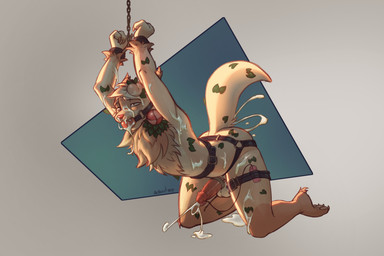 anthro ball_gag balls bdsm bodily_fluids bondage bound cum cum_covered excessive_cum excessive_genital_fluids gag genital_fluids genitals leaf male messy nude penile penile_spines penis restrained restraints sex_toy solo vibrator vibrator_on_penis nootkep felid feline mammal 3:2 hi_res