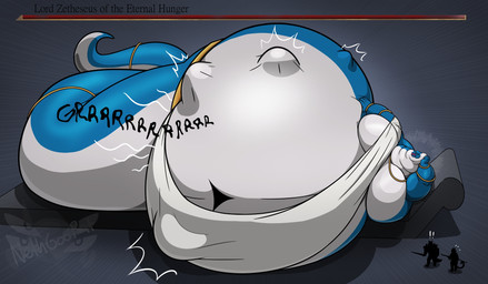 abdominal_bulge anthro belly big_belly clothing gameplay_mechanics group gui health_bar larger_male male moobs navel overweight overweight_male reclining rumbling_stomach size_difference smile toga trio vore nethgoorat reptile scalie snake hi_res