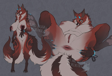 2_tails anthro anus big_breasts black_sclera blue_eyes breasts butt chastity_seal claws female fur fur_markings genitals horn huge_breasts humanoid_genitalia humanoid_vulva looking_at_viewer lying markings multi_tail neck_tuft ofuda ofuda_on_breast ofuda_on_nipples on_back pawpads pose presenting presenting_anus presenting_hindquarters presenting_vulva red_body red_fur sharp_teeth smile smiling_at_viewer snout_binder solo spread_anus spread_butt spread_legs spreading tail talisman teeth tuft vulva velvetveil canid canine fox mammal detailed digital_drawing_(artwork) digital_media_(artwork) hi_res model_sheet
