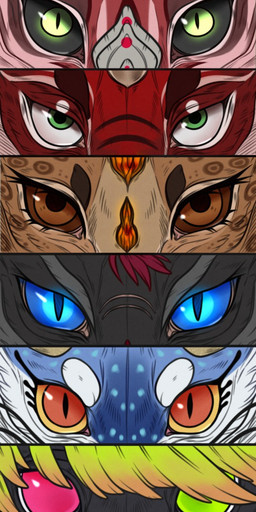 ambiguous_form ambiguous_gender black_body black_fur black_sclera blue_body blue_eyes blue_fur brown_body brown_eyes brown_fur brown_sclera close-up eyelashes front_view fur green_eyes green_hair hair heterochromia horizontal_pupils multicolored_hair no_pupils orange_hair pink_eyes pupils red_body red_eyes red_fur slit_pupils solo two_tone_hair unsigned yellow_eyes yellow_sclera riorix ambiguous_species hi_res multiple_images
