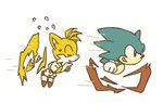 anthro black_eyes blue_body blue_fur clothing duo eyes_closed fist footwear fur gloves grin handwear helicopter_tail male motion_blur running shoes simple_background smile white_background white_body white_fur yellow_body yellow_fur bukikobuta sega sonic_the_hedgehog_(series) miles_prower sonic_the_hedgehog canid canine eulipotyphlan fox hedgehog mammal 2013 low_res