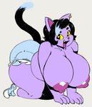 2018 4_fingers all_fours angstrom anthro areola big_areola big_breasts big_butt big_nipples biped black_hair bottomwear breasts butt catty_(undertale) claws clothed clothing denim denim_clothing digital_media_(artwork) dipstick_tail domestic_cat ear_piercing eyelashes fangs felid feline felis female fingers footwear freckles fur hair hanging_breasts heart_eyes heart_symbol huge_areola huge_breasts huge_nipples legwear looking_back mammal markings multicolored_tail nipples open_mouth open_smile overweight overweight_anthro overweight_female piercing puffy_areola puffy_nipples purple_body purple_fur shoes shorts smile socks solo tail tail_markings teeth thick_thighs tongue tongue_out topless undertale undertale_(series) wide_hips yellow_sclera