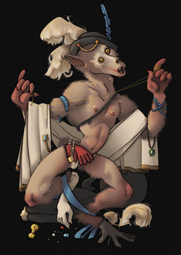 cloak clothing gloves hairy handwear hat headgear headwear jewelry male medallion muscular muscular_male nipples not_furry pale_skin pink_nipples sewing_needle silly_face silly_pose simple_background skinny small_waist solo tapestry thread trinkets underwear yellow_eyes ravuer elden_ring fromsoftware boc_the_seamster demi-human_(elden_ring) humanoid absurd_res hi_res