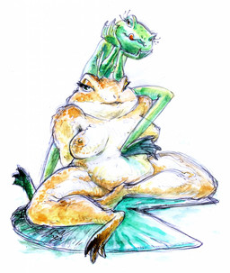 anthro breast_size_difference breasts convenient_censorship duo eyelashes feet female female/female green_body green_skin licking licking_lips licking_own_lips lily_pad looking_at_viewer membrane_(anatomy) nipples non-mammal_breasts overweight overweight_female plant sitting skinny spread_legs spreading toes tongue tongue_out webbed_feet webbed_hands white_body white_skin yellow_body yellow_skin pod_(artist) amphibian frog 2021 hi_res traditional_media_(artwork)