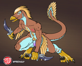 anthro beak bladed_weapon claws countershade_legs countershade_neck countershade_tail countershade_thighs countershade_torso countershading crouching dagger fanged_beak fangs feather_hair feather_pubes feather_tuft feathered_wings feathers flaccid foreskin fur genitals holding_object holding_weapon humanoid_genitalia humanoid_penis looking_at_viewer male male_anthro melee_weapon multicolored_body multicolored_fur muscular muscular_male nude nude_anthro nude_male penis pseudo_hair raised_tail sickle_claw smile smiling_at_viewer solo tail tail_feathers teeth toe_claws tuft weapon wings yellow_body yellow_feathers predaguy balaur_bondoc dinosaur feathered_dinosaur feathered_scalie prehistoric_species reptile saurischian scalie theropod 5:4 hi_res