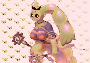 big_breasts bottomwear breasts clothing crown female headgear holding_object jewelry loincloth necklace pattern_background simple_background slime solo staff thick_thighs weapon rosiamn slime_diva goo_creature humanoid lagomorph mammal hi_res