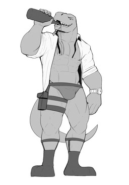 abs alcohol anthro beverage bottle bulge clock clothed clothing container drunk male messy muscular muscular_male open_clothing open_shirt open_topwear pecs shirt solo substance_intoxication topwear watch wristwatch jrjresq dinosaur prehistoric_species reptile scalie hi_res