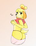 anthro big_breasts big_butt blush breasts butt clothed clothing covering covering_breasts dialogue female fur grey_eyes hair hand_on_breast holding_breast looking_at_viewer looking_back narrowed_eyes panties rear_view simple_background smile solo tan_background text thick_thighs underwear undressing wide_hips yellow_body yellow_fur unicuck animal_crossing nintendo isabelle_(animal_crossing) canid canine canis domestic_dog mammal shih_tzu toy_dog absurd_res english_text hi_res