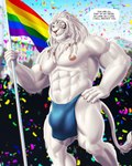 abs anthro big_bulge bulge detailed_bulge eye_scar facial_scar flag flag_(object) fur holding_flag holding_object lgbt_pride male muscular muscular_anthro muscular_male nipples pecs pride_color_flag pride_colors rainbow_pride_colors scar six-stripe_rainbow_pride_colors solo text white_body white_fur dream_and_nightmare hasbro lgbt_pride_month magic:_the_gathering wizards_of_the_coast ajani_goldmane felid lion mammal pantherine 4:5 english_text hi_res