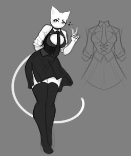 5_fingers anthro black_clothing breasts clothed clothing eyelashes female fingers gesture grey_background hand_gesture heart_symbol legwear necktie simple_background solo thigh_highs v_sign white_body monty_smug domestic_cat felid feline felis mammal 2026 hi_res monochrome