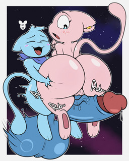 anthro balls big_balls big_butt big_penis blue_body blush bodily_fluids butt butt_grab duo ear_piercing erection eyes_closed female genital_fluids genitals hand_on_butt huge_balls huge_butt huge_penis humanoid_genitalia humanoid_penis hyper hyper_balls hyper_genitalia hyper_penis looking_at_genitalia looking_at_penis looking_back male male/female nude onomatopoeia open_mouth penis penis_awe piercing pink_body precum scarf sound_effects text thick_thighs vulva wide_hips luanctoons nintendo pokemon milian_(mew_lindo) min_(luanctoons) generation_1_pokemon legendary_pokemon mew_(pokemon) pokemon_(species) shiny_pokemon 2025 absurd_res digital_media_(artwork) english_text hi_res