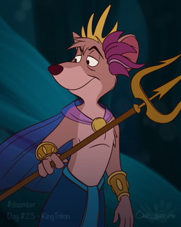 anthro cape clothing crown fur half-closed_eyes headgear holding_melee_weapon holding_object holding_polearm holding_trident holding_weapon male melee_weapon mouth_closed narrowed_eyes polearm smile solo split_form text trident weapon atimon disney the_great_mouse_detective the_little_mermaid_(1989) basil_(disney) king_triton_(disney) mammal marine merfolk mouse murid murine rodent 2023 4:5 hi_res signature
