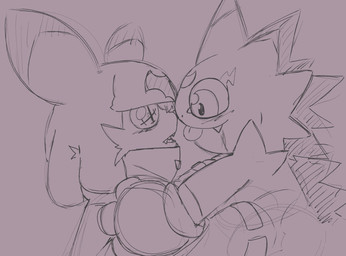 anthro blep blush cloak clothing duo eye_contact gloves handwear hug looking_at_another male male/male pupils smile tongue tongue_out unusual_pupils yogurtpubes bandai_namco digimon digimon_beatbreak chiropmon digimon_(species) gekkomon hi_res sketch