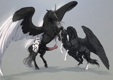 animal_genitalia animal_penis balls black_balls black_body black_mane black_penis black_tail black_wings brown_eyes butt duo equine_genitalia equine_penis erection feathered_wings feathers feral genitals grey_background grey_eyes grey_horn grey_mane grey_tail horn male male_feral mane medial_ring mouth_closed multicolored_mane penis red_penis simple_background spots spotted_butt tail two_tone_mane two_tone_tail white_wings wings scarlanya mythology alterion_(alter) izar_(alter) equid equine mammal mythological_creature mythological_equine pegasus winged_unicorn absurd_res hi_res
