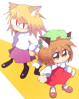 :3 blonde_hair bonnet bottomwear brown_clothing brown_footwear brown_hair brown_shoes cat_smile chibi clothed clothed_female clothed_humanoid clothing dress duo female footwear green_bonnet green_clothing green_headwear green_mobcap hair headgear headwear high-angle_view inner_ear_fluff looking_at_viewer mobcap orange_eyes purple_bottomwear purple_clothing purple_skirt red_clothing red_dress red_eyes shoes simple_background skirt standing sweater topwear tuft white_background white_clothing white_sleeves white_sweater white_topwear young inkerton-kun touhou tsukihime type-moon chen_(touhou) neco-arc animal_humanoid cat_humanoid felid felid_humanoid feline feline_humanoid humanoid mammal mammal_humanoid 2021 hi_res