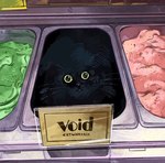 ambiguous_gender big_eyes cats_are_liquid container dessert feral food humor ice_cream in_container inside looking_at_viewer sign solo text whiskers catwheezie domestic_cat felid feline felis mammal artist_name english_text