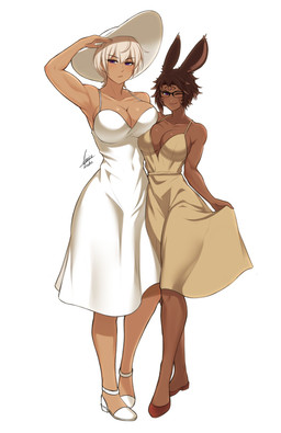 big_breasts breast_squish breasts breasts_frottage brown_body brown_hair brown_skin clothing dress duo eyewear female female/female footwear glasses hair hat headgear headwear one_eye_closed shoes short_hair squish tan_body tan_skin wink airisubaka final_fantasy final_fantasy_xiv square_enix rin_(bitme567) animal_humanoid human humanoid lagomorph lagomorph_humanoid leporid_humanoid mammal mammal_humanoid rabbit_humanoid viera 2022 hi_res