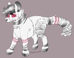 ambiguous_gender digitigrade eyebrows feral feral_with_hair fur grey_background grey_hair grey_inner_ear grey_inner_ear_fluff grey_markings grey_nose hair inner_ear_fluff markings paws red_eyes red_markings simple_background smile snout solo standing striped_markings striped_tail stripes surgical_suture tail tail_markings tuft white_body white_fur jaspering white_claw_(brand) canid canine duskky mammal patchwork_creature 2019 digital_drawing_(artwork) digital_media_(artwork) flat_colors full-length_portrait portrait signature