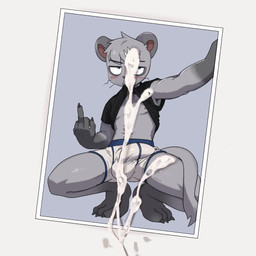 anthro big_bulge blush bodily_fluids bulge clothed clothing clothing_lift cum detailed_bulge genital_fluids genital_outline gesture hand_gesture male middle_finger penis_outline selfie shirt shirt_lift solo tank_top topwear underwear latotabo gelato_(latotabo) mammal murid murine rat rodent hi_res