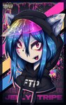 anthro black_nose blue_hair clothed clothing eyebrows facial_piercing female hair nose_piercing open_mouth piercing pink_eyes solo teeth text jellystripe canid canine canis mammal wolf 2023 absurd_res digital_drawing_(artwork) digital_media_(artwork) english_text hi_res