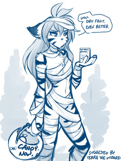 5_fingers anthro biped box breasts bucket claws clothed clothing container costume dialogue disappointed female finger_claws fingers front_view fur hair halloween_costume holding_box holding_bucket holding_container holding_object holidays markings midriff mummy_costume mummy_wrappings navel simple_background skimpy solo standing striped_body striped_fur striped_markings striped_tail stripes tail tail_markings text white_background wraps conditional_dnp tom_fischbach halloween twokinds flora_(twokinds) felid keidran mammal pantherine tiger 2025 blue_and_white digital_drawing_(artwork) digital_media_(artwork) english_text hi_res monochrome sketch