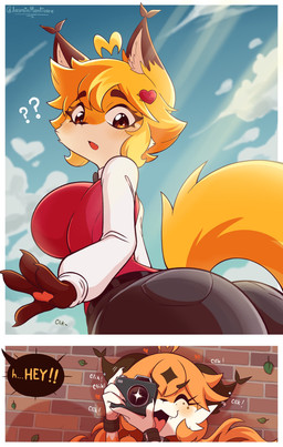 anthro big_butt biped black_clothing blush butt camera clothed clothed_anthro clothed_female clothing duo eyes_closed female female_anthro fur multicolored_body multicolored_fur question_mark red_clothing standing tail text white_body white_clothing white_fur jasminthemanticore jasmin_(jasminthemanticore) canid canine fox mammal 2026 absurd_res comic english_text hi_res