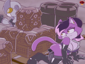 anthro armwear barrel big_breasts black_nose box breasts cleavage clothed clothing container crouching duo ear_piercing fangs female fur hiding holstered_pistol huge_breasts latex latex_armwear latex_clothing machine piercing purple_body purple_fur teeth yellow_eyes ladycherrybomba sega sonic_battle sonic_the_hedgehog_(series) fan_character domestic_cat e-121_phi felid feline felis gizoid humanoid mammal hi_res signature