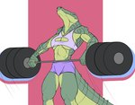 5_fingers abs anthro breasts cleavage_cutout clothed clothing cutout exercise female fingers green_body green_scales midriff motion_lines muscular muscular_anthro muscular_female non-mammal_breasts scales solo standing weightlifting workout yellow_eyes yellow_sclera f_draws athena_(f_draws) crocodile crocodilian reptile scalie hi_res portrait three-quarter_portrait