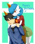 birthday blue_hair bottomwear clothing dark_hair duo eyes_closed female hair hand_on_arm happy_birthday hat head_on_head headgear headwear hoodie hug hugging_another hugging_from_behind interspecies male male/female not_furry orange_eyes party_hat pokephilia pouting simple_background skirt text topwear baterco nintendo pokemon baterco_(baterco) lucinda_(baterco) gardevoir generation_3_pokemon human mammal pokemon_(species) shiny_pokemon 2021 4:5 absurd_res hi_res