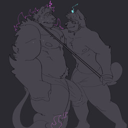anthro arm_tuft barazoku big_bulge bodily_fluids body_swap bulge clothed clothing collar duo elbow_tuft eyewear fist glasses holding_leash holding_object huge_bulge leash leash_pull leashed_collar looking_at_another male muscular muscular_anthro muscular_male nervous nervous_sweat nipples smile smug sweat tail teeth tenting topless topless_anthro topless_male tuft melaisen bau_(melaisen) bernard_(melaisen) akita american_akita canid canine canis domestic_dog felid mammal pantherine spitz 1:1 2022 absurd_res hi_res portrait three-quarter_portrait nonbinary_(lore)