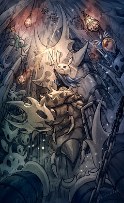 2_horns ambiguous_gender armor black_eyes chain clothing detailed_background flying group headgear helmet holding_melee_weapon holding_object holding_weapon horn lamp lantern melee_weapon open_mouth painting_(object) pose weapon wings sinsin hollow_knight_(franchise) team_cherry zote_(hollow_knight) arthropod 2025 hi_res