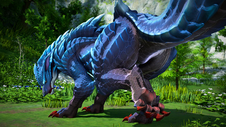 ambiguous_gender big_butt blue_body blue_scales butt claws detailed_background fangs featureless_crotch feet feral flower foot_focus grass looking_at_viewer looking_back looking_back_at_viewer open_mouth outside pawpads paws plant presenting presenting_hindquarters pubic_boot raised_leg raised_tail red_claws red_fangs scales solo suggestive suggestive_pose tail teeth thick_thighs toe_claws tree yellow_eyes ivorylagiacrus capcom monster_hunter monster_hunter_stories monster_hunter_stories_3:_twisted_reflection fanged_wyvern lunagaron scalie 16:9 2026 3d_(artwork) 4k absurd_res blender_(artwork) blender_cycles_(artwork) digital_media_(artwork) hi_res widescreen female_(lore)