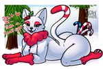 anthro big_butt black_eyes black_nose breasts butt candy candy_cane candy_cane_in_ass dessert dialogue eyelashes female feral food freckles fur gloves_(marking) green_sclera half-closed_eyes holidays holly_(plant) huge_butt leg_markings long_tail looking_at_viewer lying makeup markings narrowed_eyes on_front open_mouth open_smile paws plant raised_tail smile snow socks_(marking) solo striped_markings striped_tail stripes tail tail_markings talking_to_viewer text text_with_heart white_body white_fur wide_hips alexdewolf christmas junipurr domestic_cat felid feline felis mammal hi_res watermark