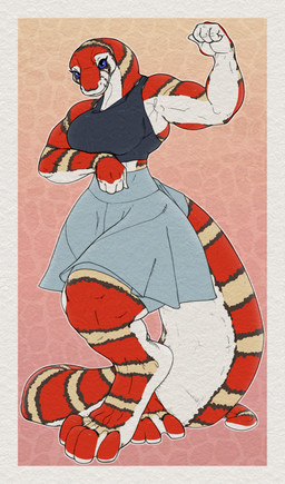 athletic_wear big_breasts bottomwear bra breasts clothing digitigrade female flexing long_tail muscular muscular_female scales skirt sports_bra tail thick_tail thick_thighs underwear diagamon reptile scalie snake