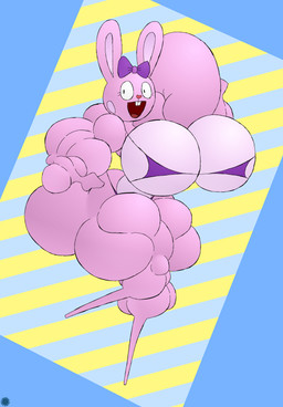 anthro belly big_breasts big_butt big_muscles bow_tie bra breasts bubble_butt buckteeth butt clothing countershade_belly countershade_breasts countershading eyelashes featureless_feet featureless_hands feet female flexing flexing_bicep fur geometric_background hand_on_hip heart_nose heart_symbol huge_breasts huge_butt huge_muscles hyper hyper_biceps hyper_breasts hyper_butt hyper_muscles logo looking_at_viewer muscular on_one_leg open_mouth open_smile pink_body pink_fur simple_background smile solo spherical_breasts standing teeth text thong underwear thatdawgmurray lagomorph leporid mammal rabbit absurd_res aliasing artist_logo artist_name digital_media_(artwork) hi_res signature