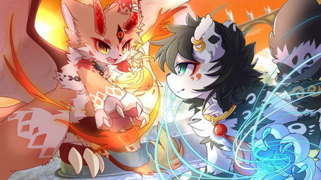 2_horns anthro big_eyes biped brown_body brown_fur cute_fangs duo eye_contact fangs fight fur green_eyes grey_body grey_fur horn kemono looking_at_another male slim_anthro slim_male teeth white_body white_fur yellow_eyes hlg7777 mythology dragon felid furred_dragon furred_scalie mammal mythological_creature mythological_scalie pantherine scalie tiger 16:9 2020 hi_res widescreen