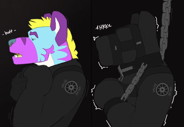 anthro asphyxiation bound breath_play breathing chain chained collar male male_anthro mitten_hands muscular muscular_male shaking solo rynnks kinktober_2025 hyena mammal 2025 hi_res