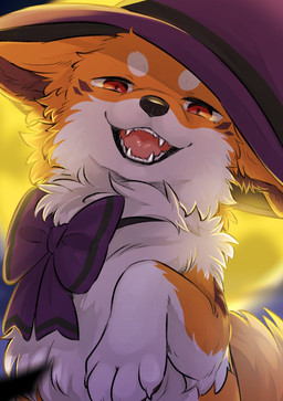bedroom_eyes black_nose brown_inner_ear_fluff brown_markings canine_teeth clothing ears_down female feral fluffy fur hat headgear headwear holidays inner_ear_fluff markings multicolored_body multicolored_fur narrowed_eyes neck_ribbon open_mouth open_smile orange_body orange_ears orange_fur pink_tongue pivoted_ears pointy_ears prick_ears purple_clothing purple_hat purple_headwear purple_ribbon red_eyes seductive smile snout solo tongue tuft white_body white_fur witch_hat tsukune_minaga halloween kitsuneinu canid canine canis domestic_dog mammal 2025 alternate_version_at_paywall cropped digital_media_(artwork) hi_res