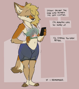 3_toes 5_fingers after_transformation anthro athletic_wear barefoot belly big_hair black_bottomwear black_clothing black_nose black_shorts blonde_hair blue_bottomwear blue_clothing blue_eyes blue_shorts bodily_fluids bottomwear bra bra_transformation brown_arms brown_body brown_fur brown_tail calm cellphone clock clothing clothing_transformation confusion dialogue duo electronics embarrassed eyes_on_phone feet female fingers fur green_bra green_clothing green_underwear gym gym_bottomwear gym_shorts hair hand_on_hip inanimate_transformation multicolored_arms multicolored_body multicolored_bottomwear multicolored_bra multicolored_clothing multicolored_fur multicolored_head multicolored_neck multicolored_shorts multicolored_tail multicolored_underwear navel on_phone orange_arms orange_fingers paws phone plantigrade sad scared shorts shorts_transformation simple_background smartphone solo solo_focus speech_bubble sports_bra sweat tail tan_background text tired toes transformation underwear underwear_transformation watch white_background white_belly white_bra white_clothing white_ears white_neck white_underwear vanillayote rain_(vanillayote) animate_inanimate canid canine canis coyote inanimate_object mammal english_text hi_res trans_(lore) trans_woman_(lore)