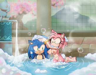 anthro areola bathing big_breasts biped blue_body blue_hair breasts camel_toe clothed clothing duo eyelashes female gloves hair handwear male male/female nipples partially_submerged pink_body pink_hair pupils smile tail topless water wet_gloves wide_hips demichan sega sonic_the_hedgehog_(series) amy_rose sonic_the_hedgehog eulipotyphlan hedgehog mammal hi_res