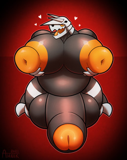 2021 absurd_res aggron ahnik anthro anthrofied armor balls big_balls big_breasts big_pecs big_penis black_body black_penis breasts chron_(ahnik) conditional_dnp fan_character foreskin genitals glans hi_res huge_balls huge_penis humanoid_genitalia humanoid_penis hyper hyper_balls hyper_genitalia hyper_penis kneeling male markings multicolored_penis natural_armor nintendo nipples obese orange_glans orange_nipples orange_penis orange_sclera orange_tongue overweight pecs penis pokémon pokémon_(species) red_background signature simple_background solo tongue two_tone_penis video_games white_body white_markings